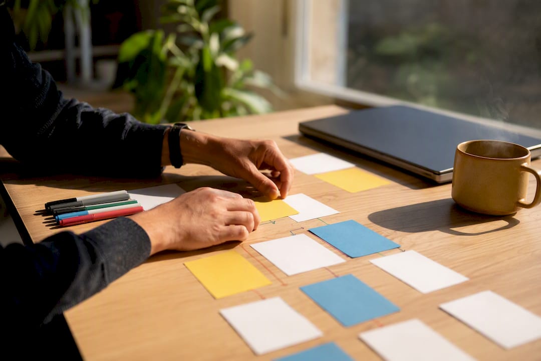 Händer som organiserar CRM-arbetsflödeskort på skrivbordet