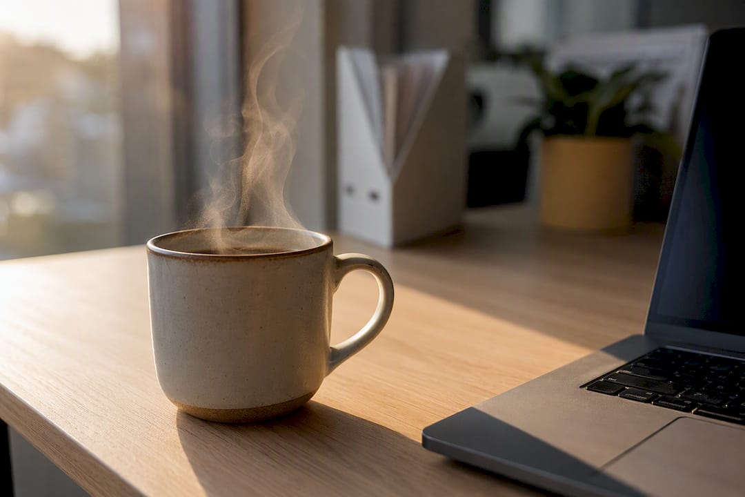 Ångande kaffekopp på skrivbordet i varmt ljus