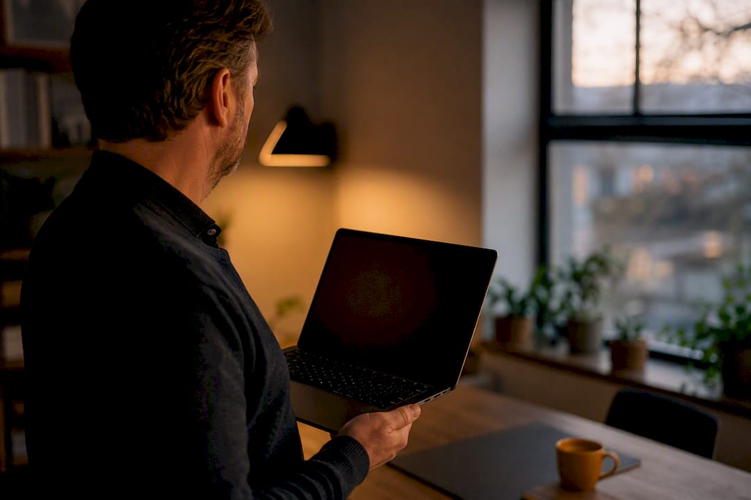 Händer redo över laptopens tangentbord med mörk skärm