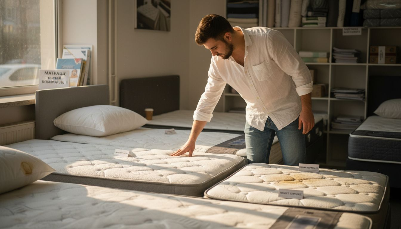 Мъж избира подходящ материал за матрак в магазин, като го тества лично на място.
