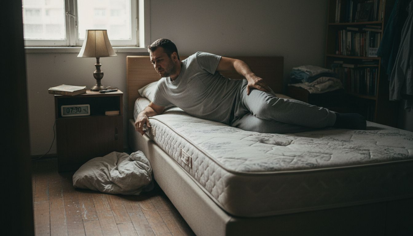 Мъж изпробва матрак, за да провери дали осигурява правилна опора на гръбнака.