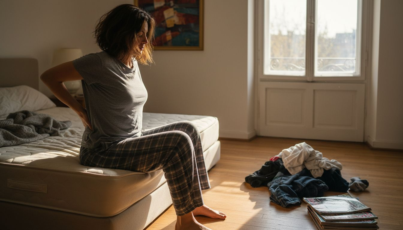 Жена се разтяга върху матрака, за да облекчи болките в гърба си.