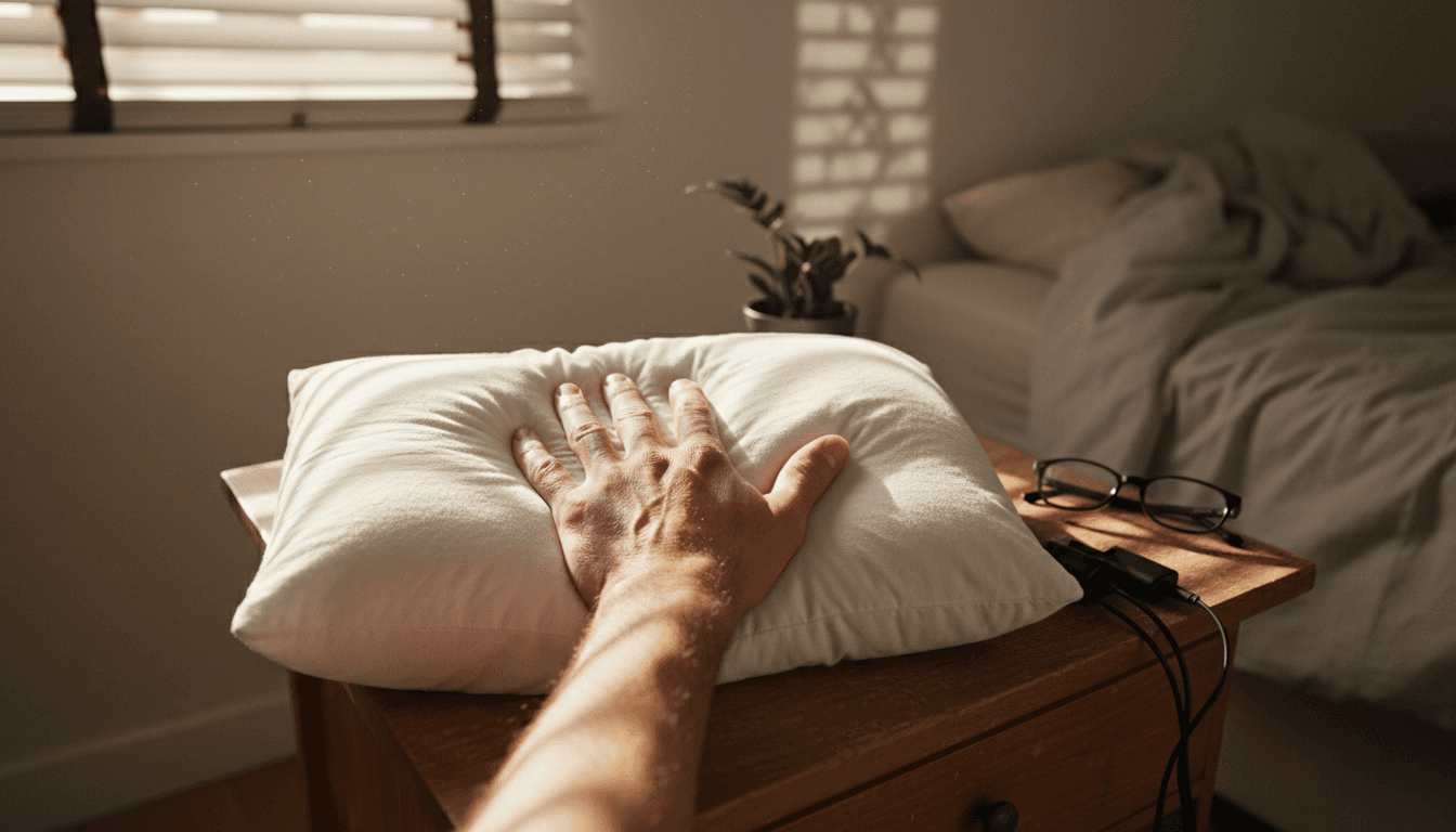 Ръка леко натиска върху повърхността на възглавница от мемори пяна.