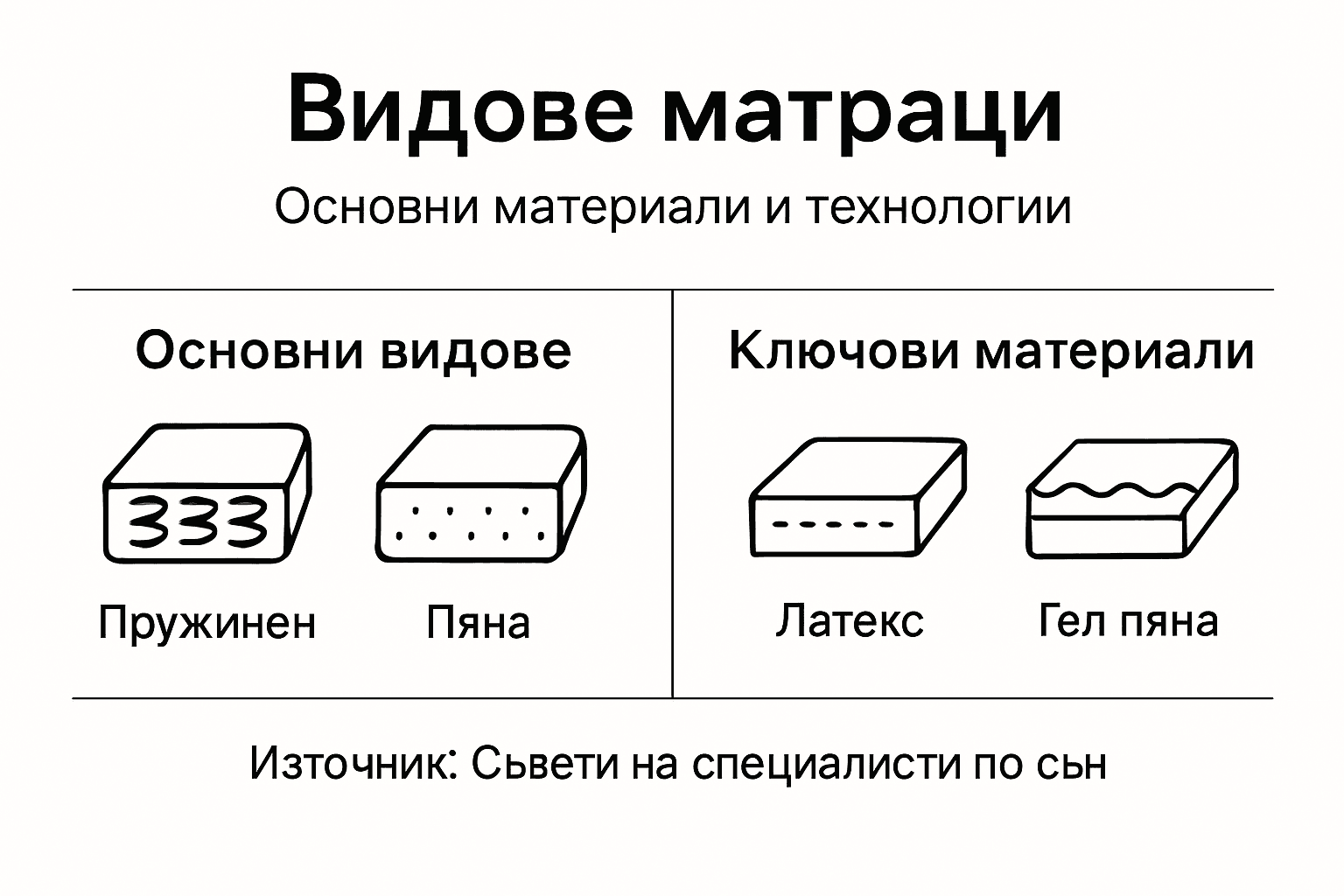 Инфографика: Основни видове матраци и използвани материали