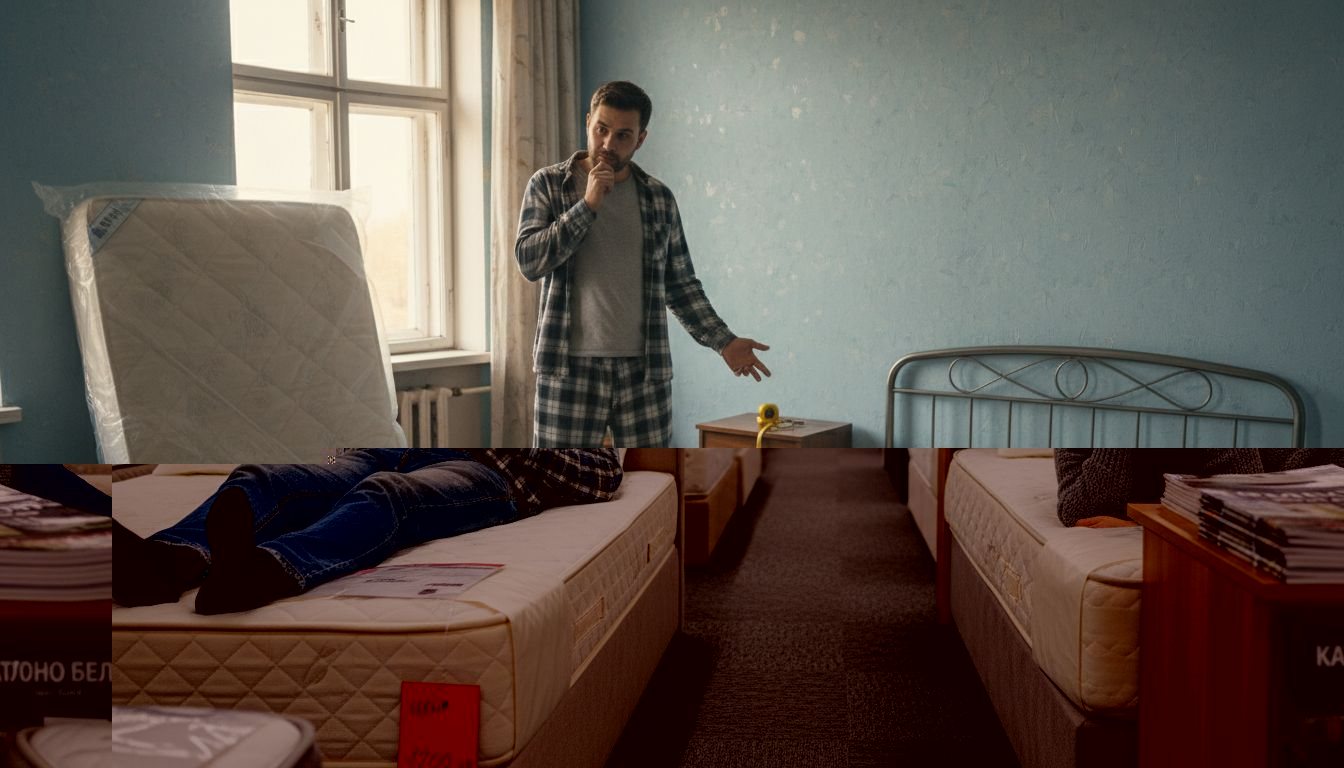 Млада двойка изпробва различни матраци в магазин за мебели, търсейки най-удобния за своя дом.