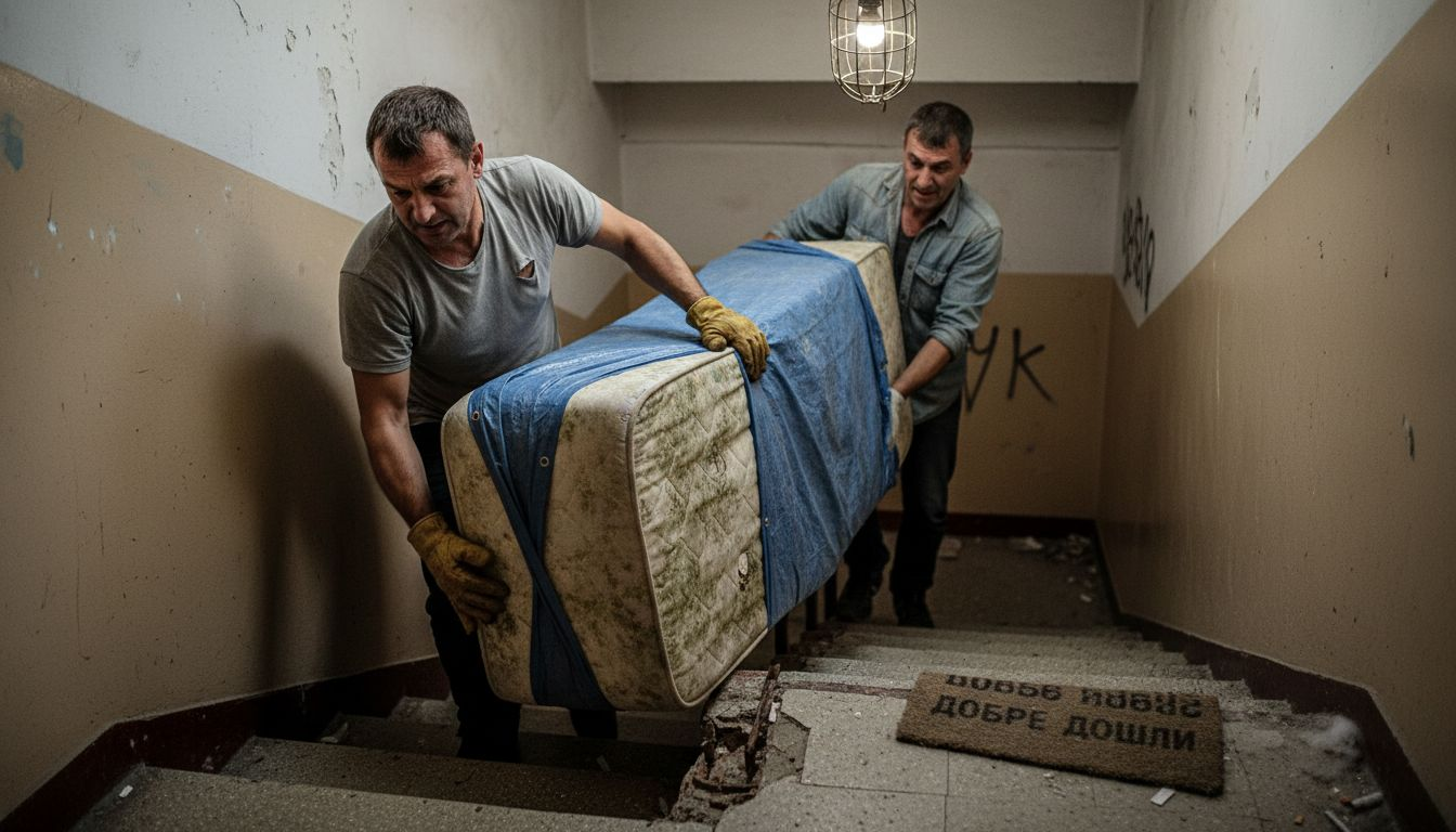 Двама мъже внимателно изнасят стар матрак надолу по стълбите.