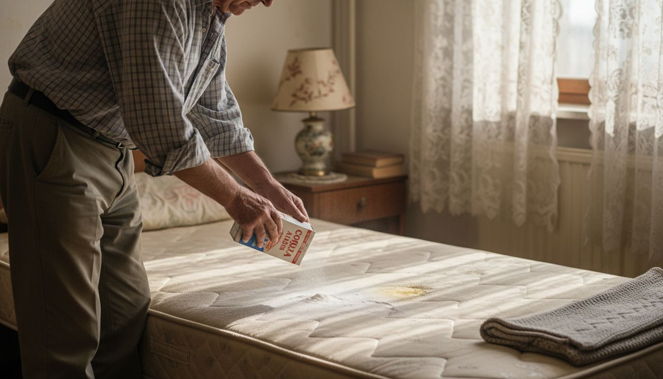 Мъж поръсва матрака си със сода за хляб, за да го освежи и почисти.