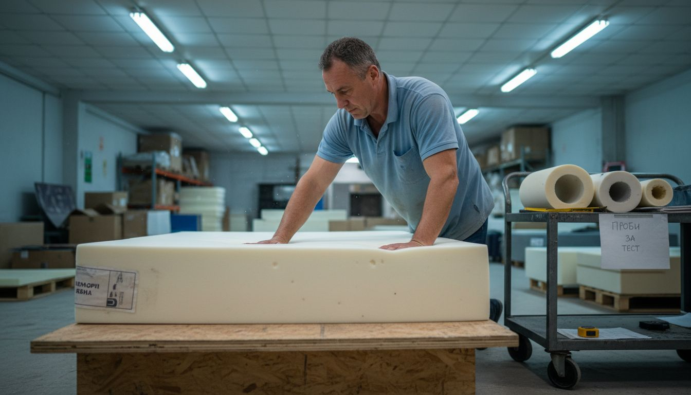 Специалист изпробва високоеластична пяна върху матрак, за да провери нейните качества.