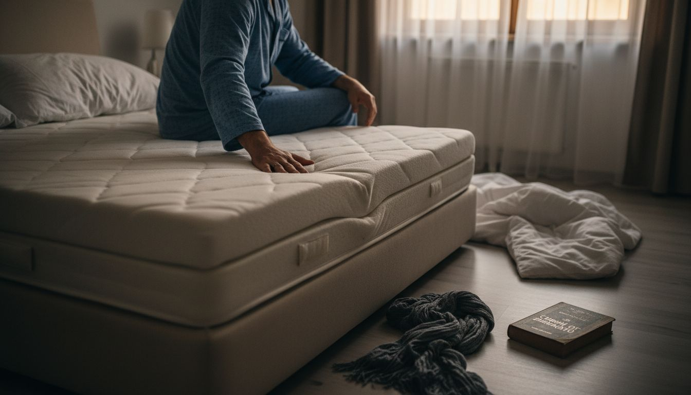 Мъж изпробва удобството на иновативен матрак, който се напасва според тялото му.