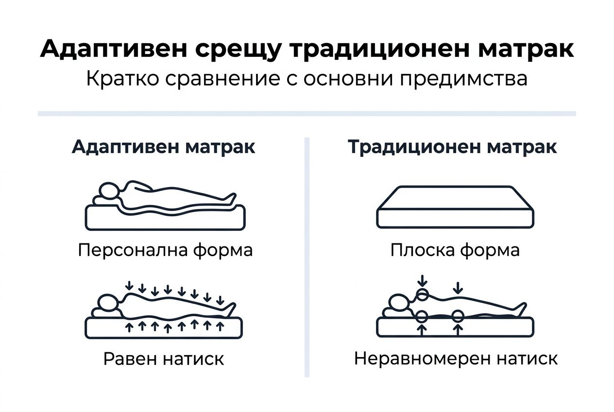 Инфографика, която показва разликите между адаптивен и класически матрак