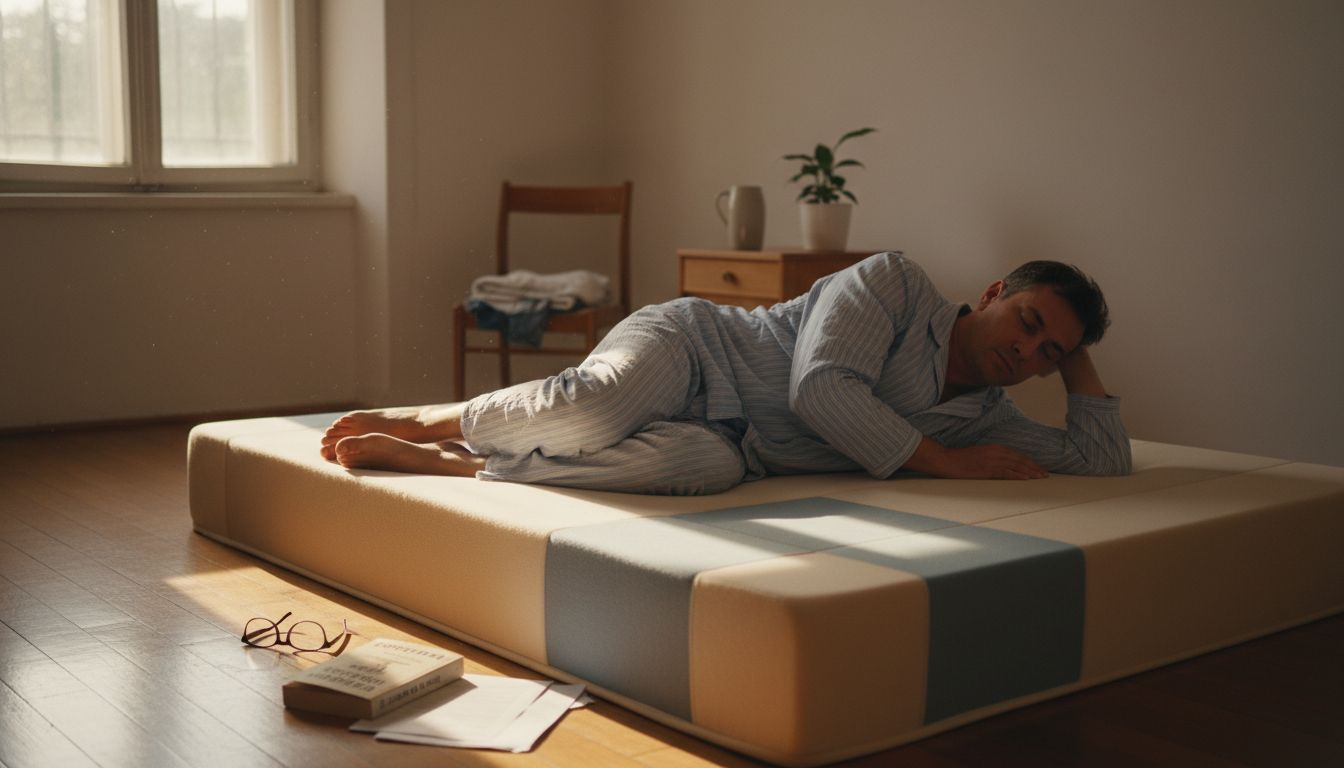 Мъж е полегнал върху ергономичен матрак с различни зони на комфорт.