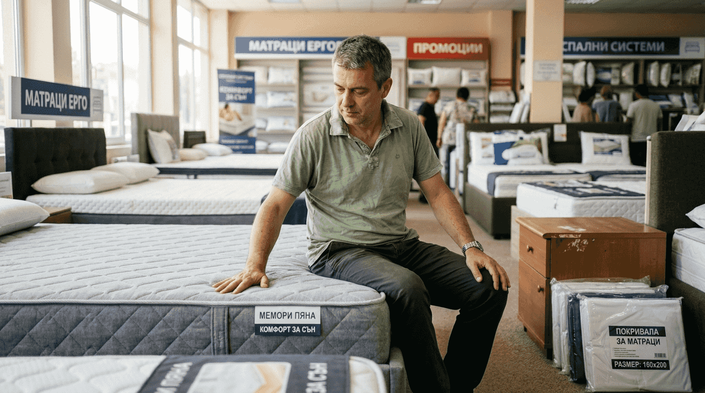 Клиент изпробва матрак с мемори пяна в магазина, за да провери комфорта и усещането му.