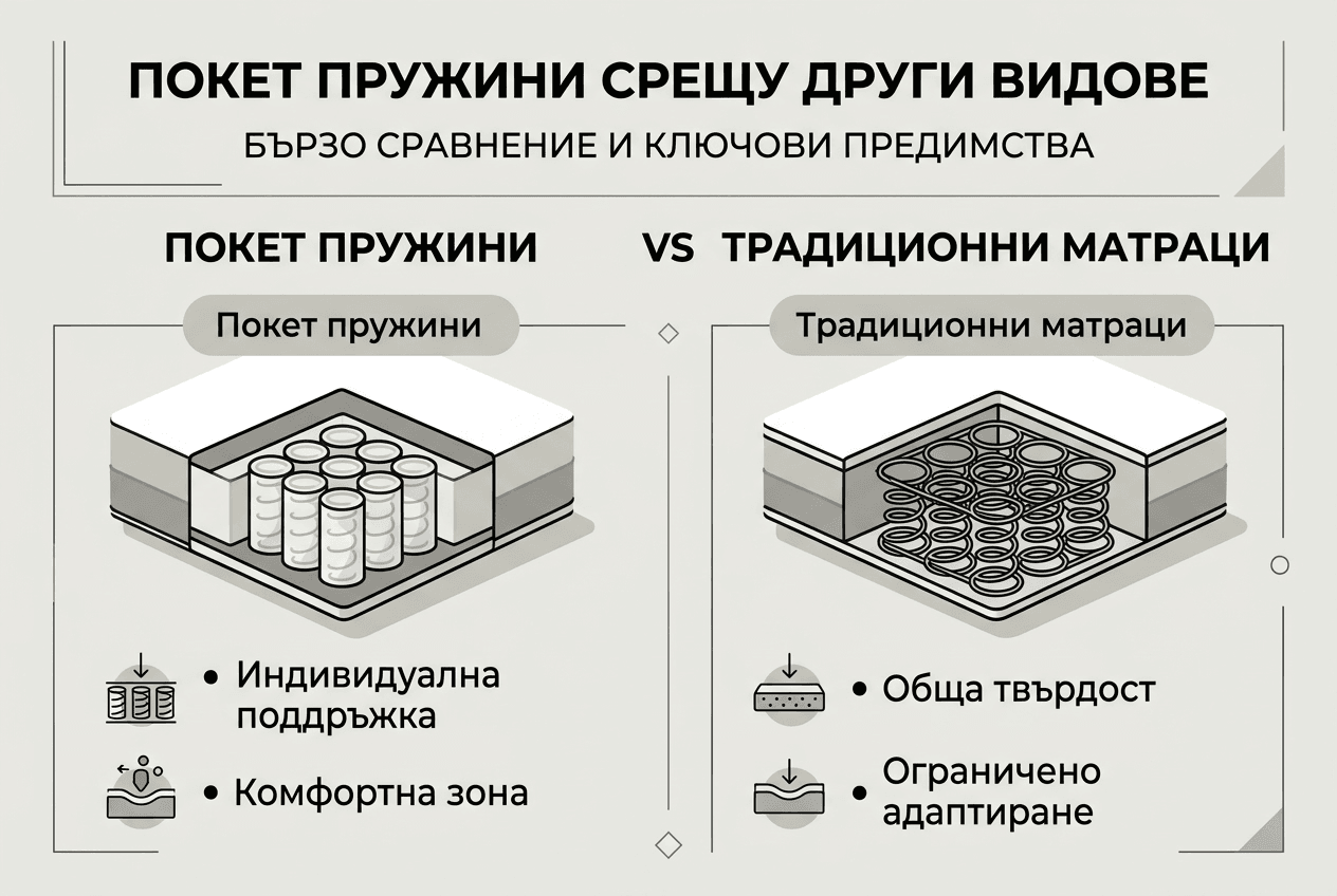 Инфографика: Сравнение между матраци с покет пружини и други видове матраци