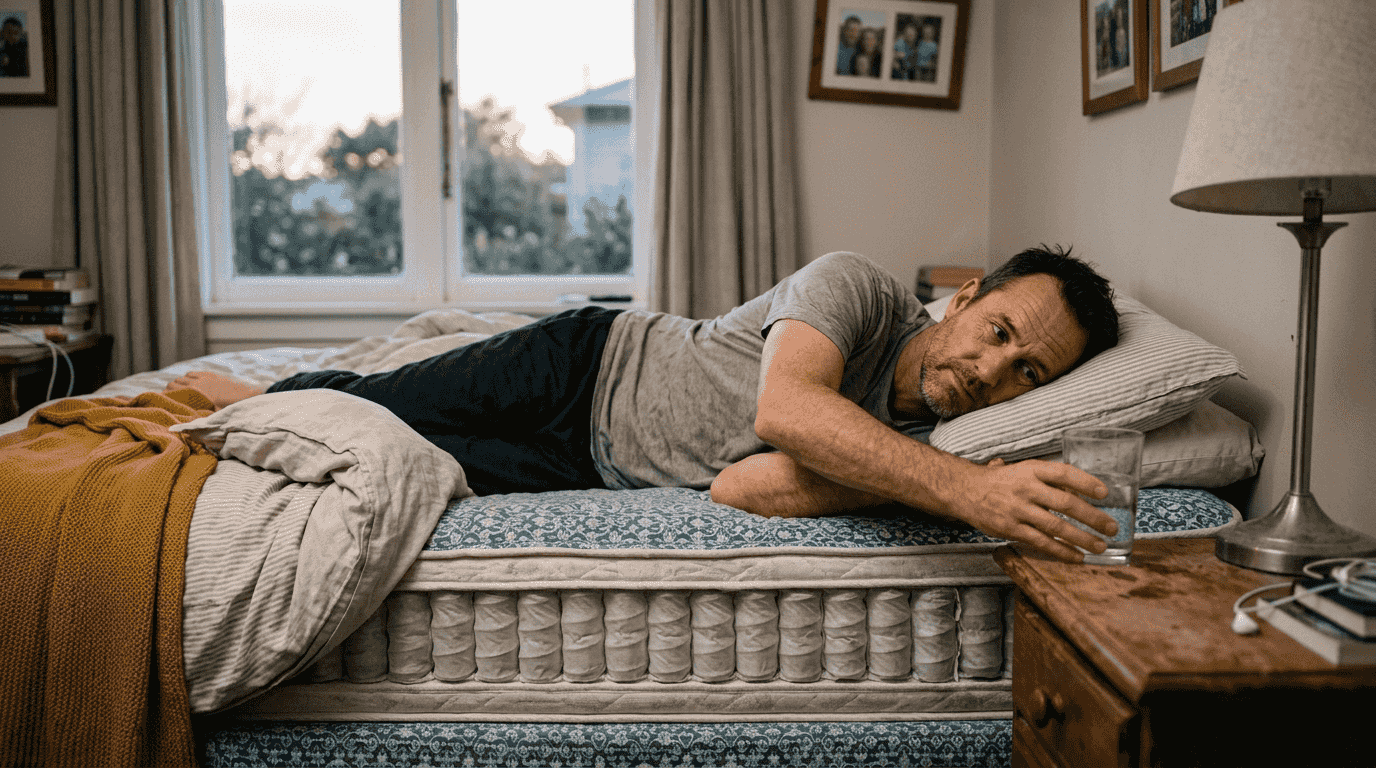 Мъж се е излегнал удобно върху матрак, който се адаптира към тялото му.