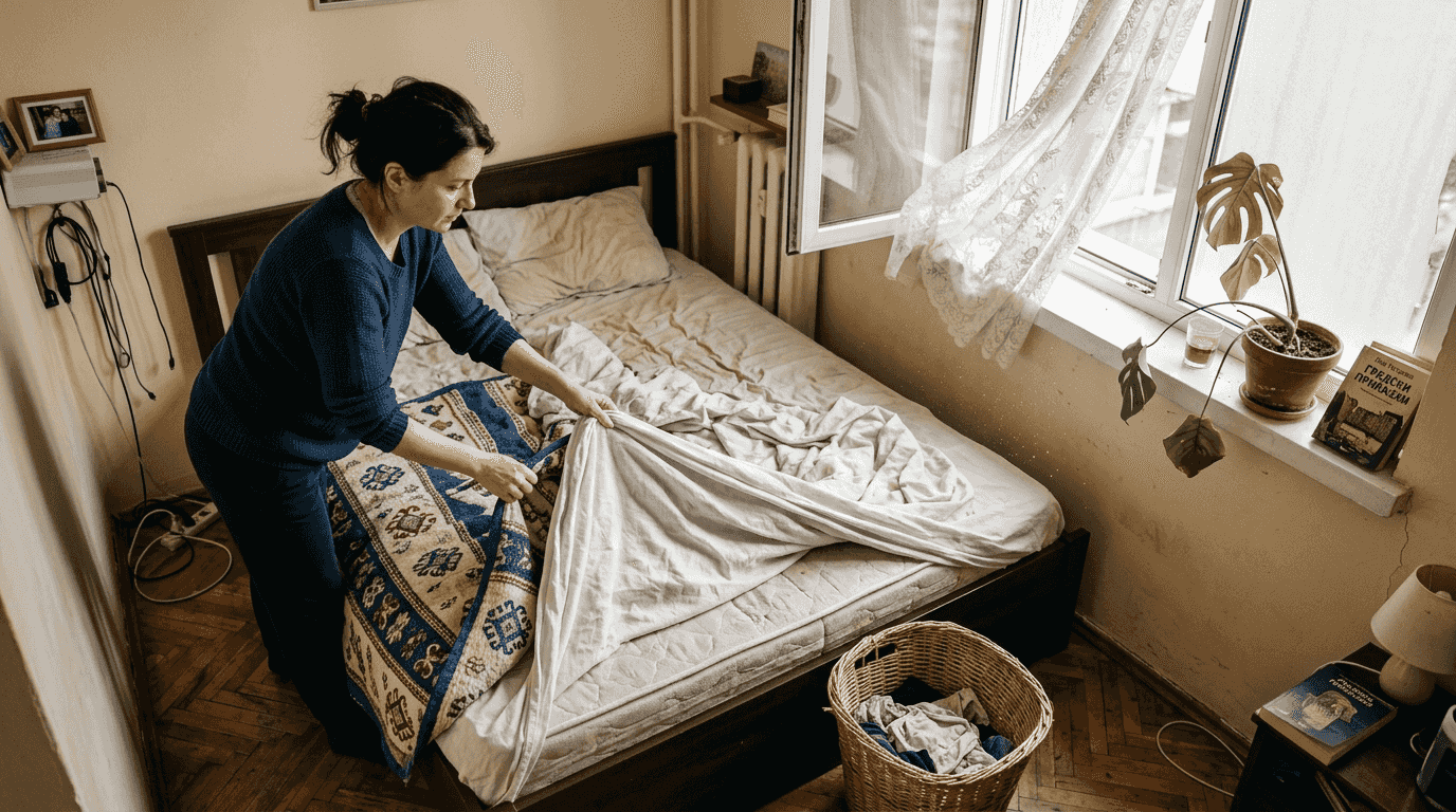 Жена проветрява матрака в спалнята, за да освежи въздуха и да премахне натрупаната влага.