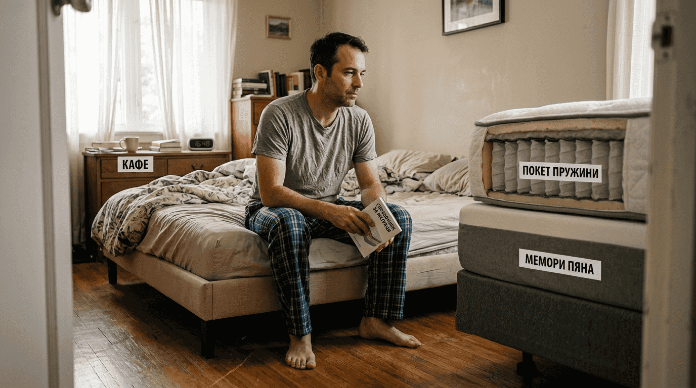 Мъж обмисля плюсовете и минусите на мемори пяна и пружинен матрак