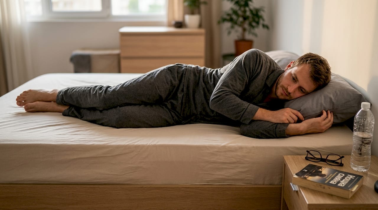Мъж релаксира върху удобен ергономичен матрак в модерната си градска спалня.
