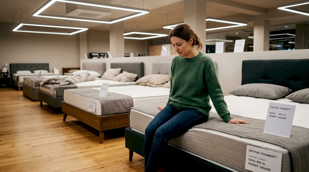 Дама изпробва нов матрак в магазин за мебели.