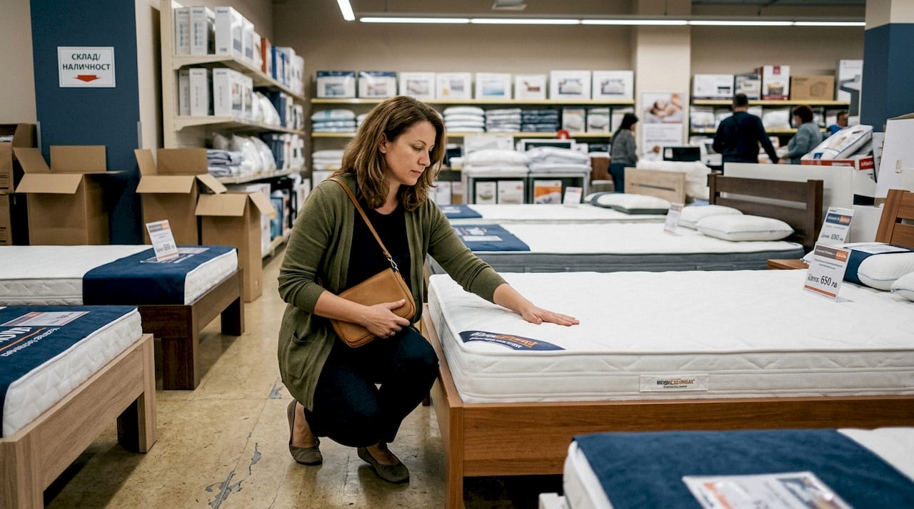 Жена изпробва твърдостта на матрак в магазин, за да избере най-удобния за себе си.