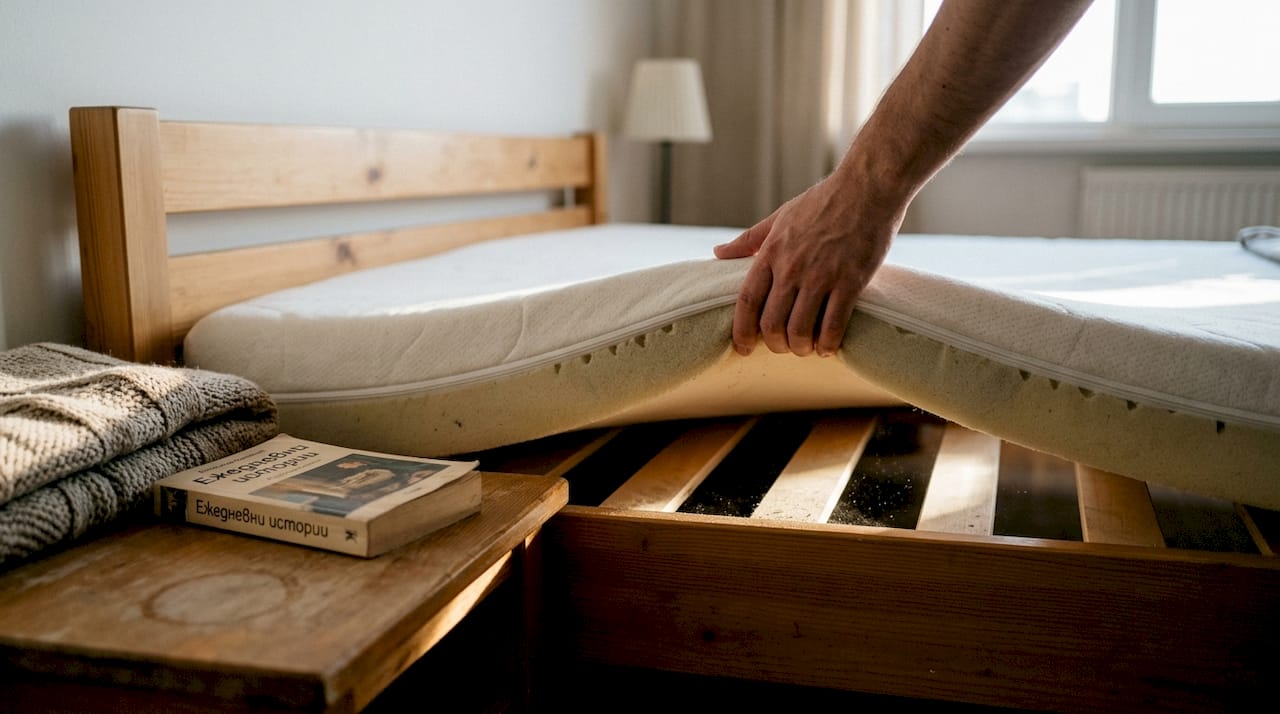 Детайлна снимка на ръка, която внимателно разглежда слоевете пяна в матрака.