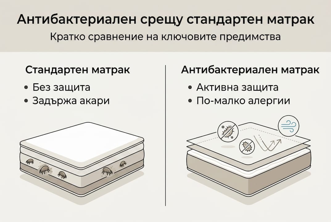 Сравнителна инфографика: предимства на антибактериалния матрак спрямо обикновения