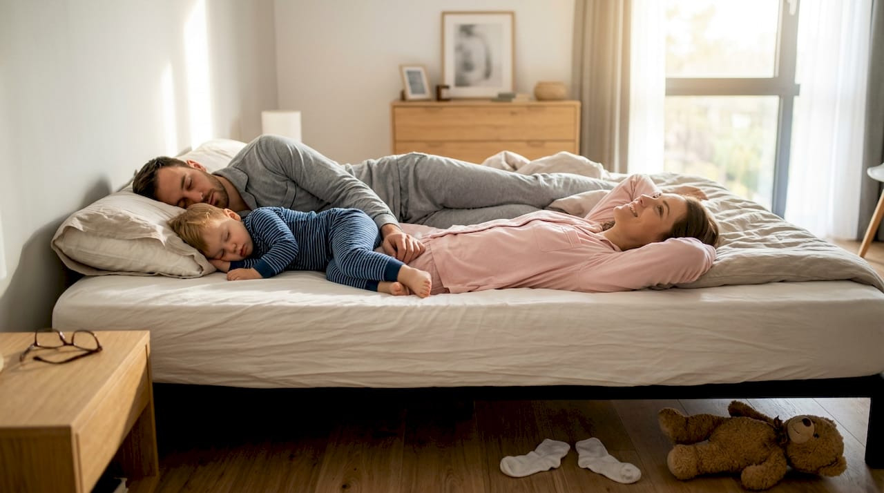 Цялото семейство се е сгушило и спи заедно на просторен матрак.