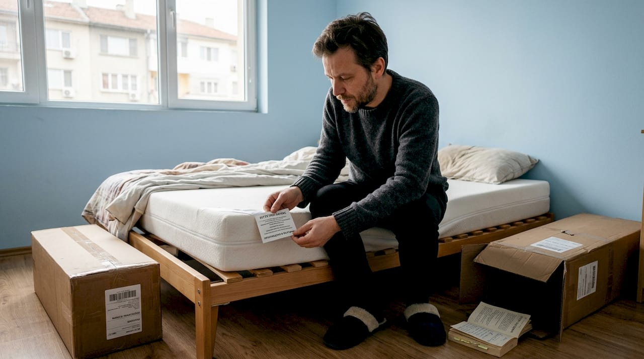 Мъж разглежда етикета на латексовия матрак, за да провери информацията за продукта.