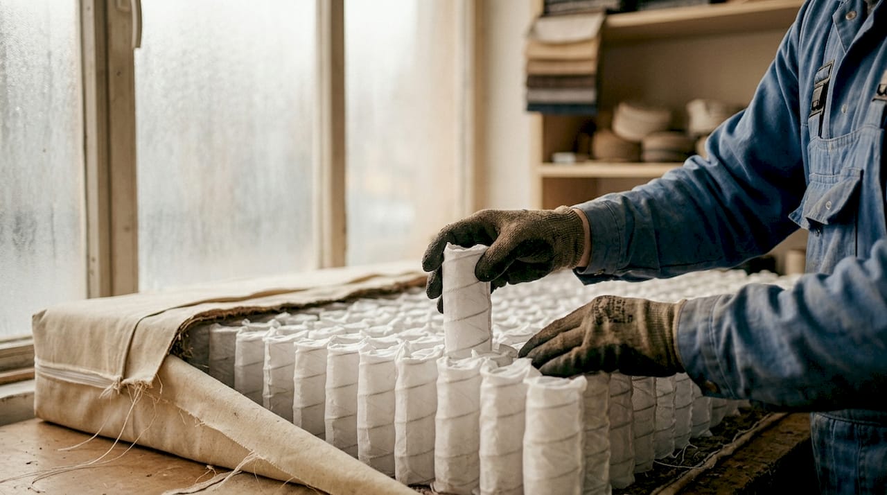 Техник извършва преглед на пружините в джобовете на матрака