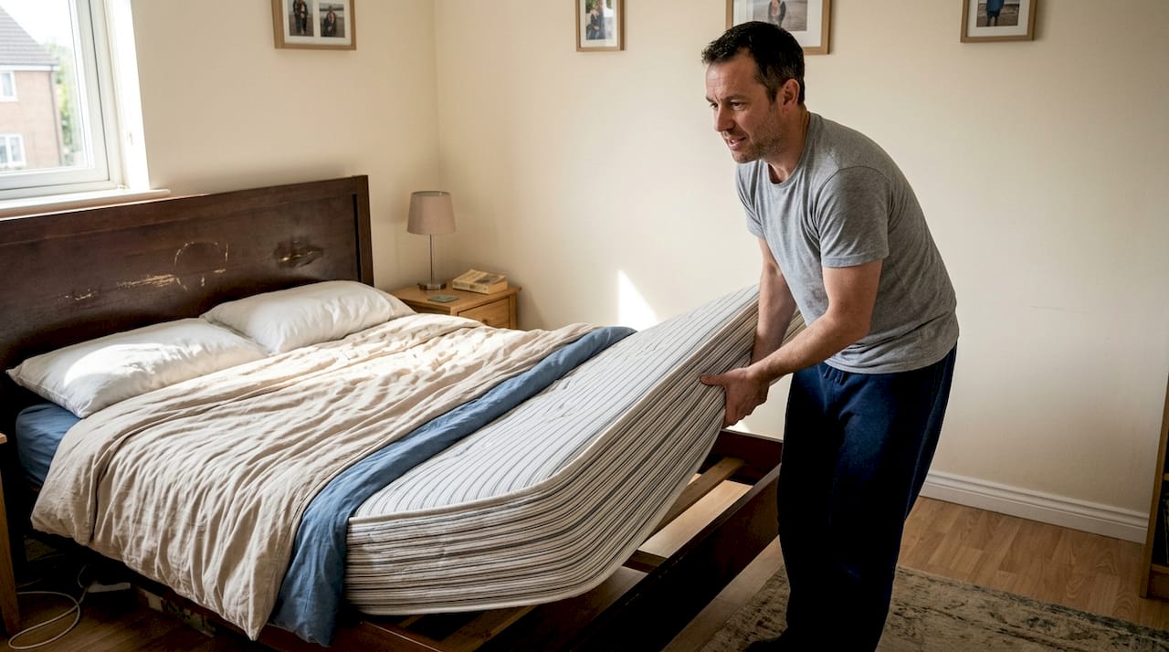 Мъж обръща матрака в спалнята, за да го освежи и да удължи живота му.