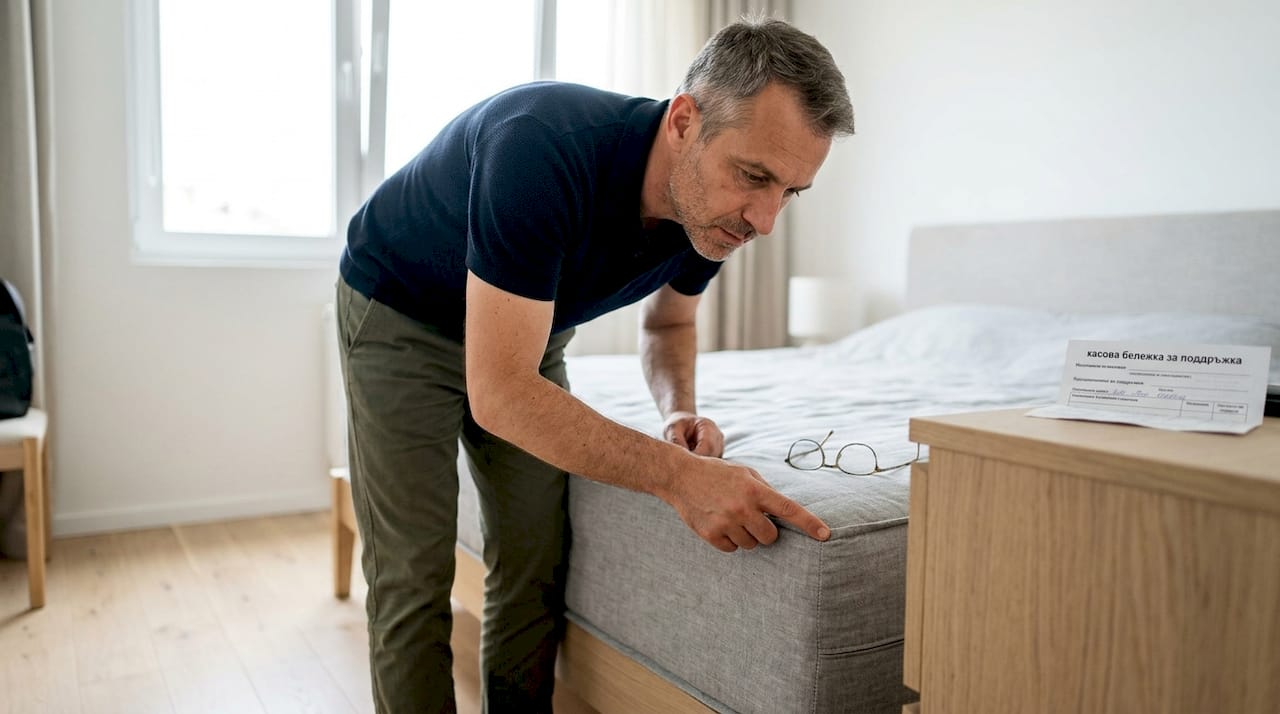 Мъж внимателно оглежда ръба на матрака, за да провери дали няма дефекти.