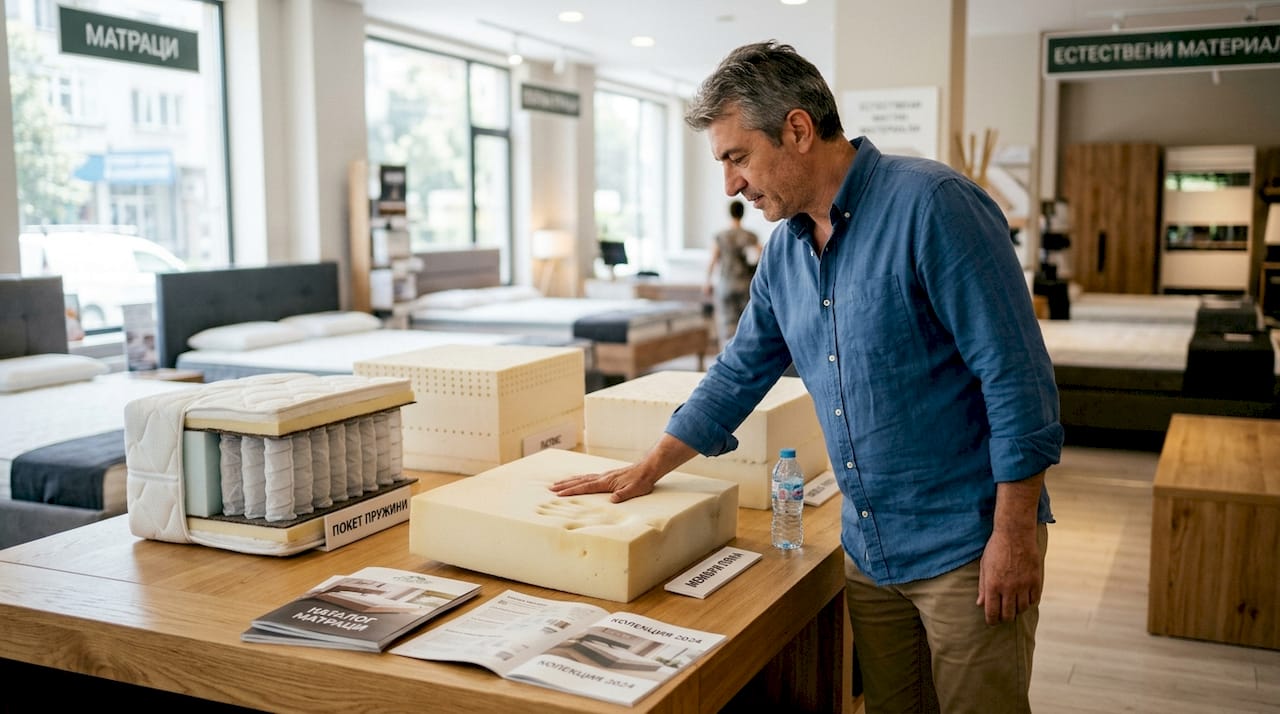 Мъж изпробва различни видове матраци, за да избере най-удобния за себе си.