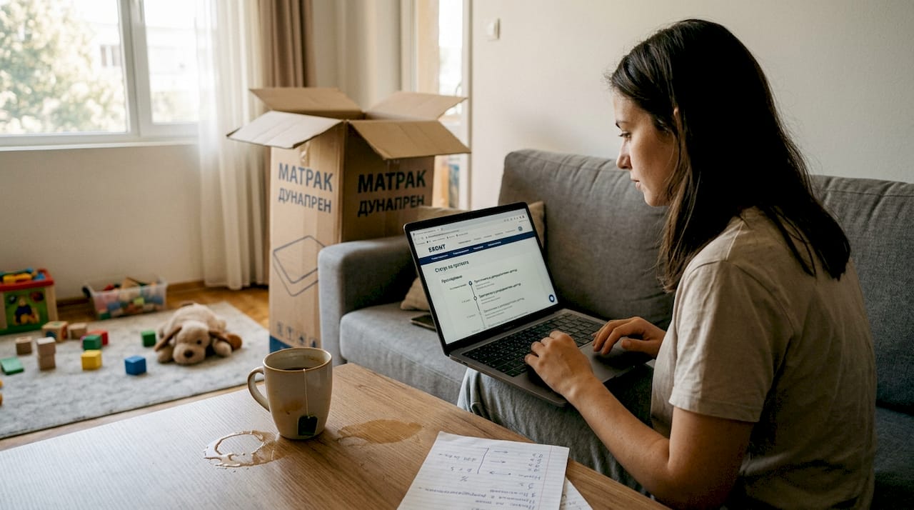 Жена очаква доставката на новия си матрак вкъщи и следи кога ще пристигне.
