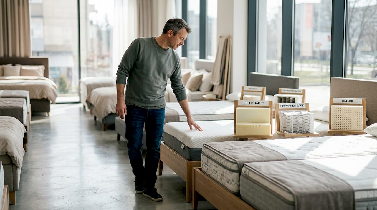 Мъж разглежда различни видове матраци и се запознава с техните материали, за да избере най-подходящия за себе си.