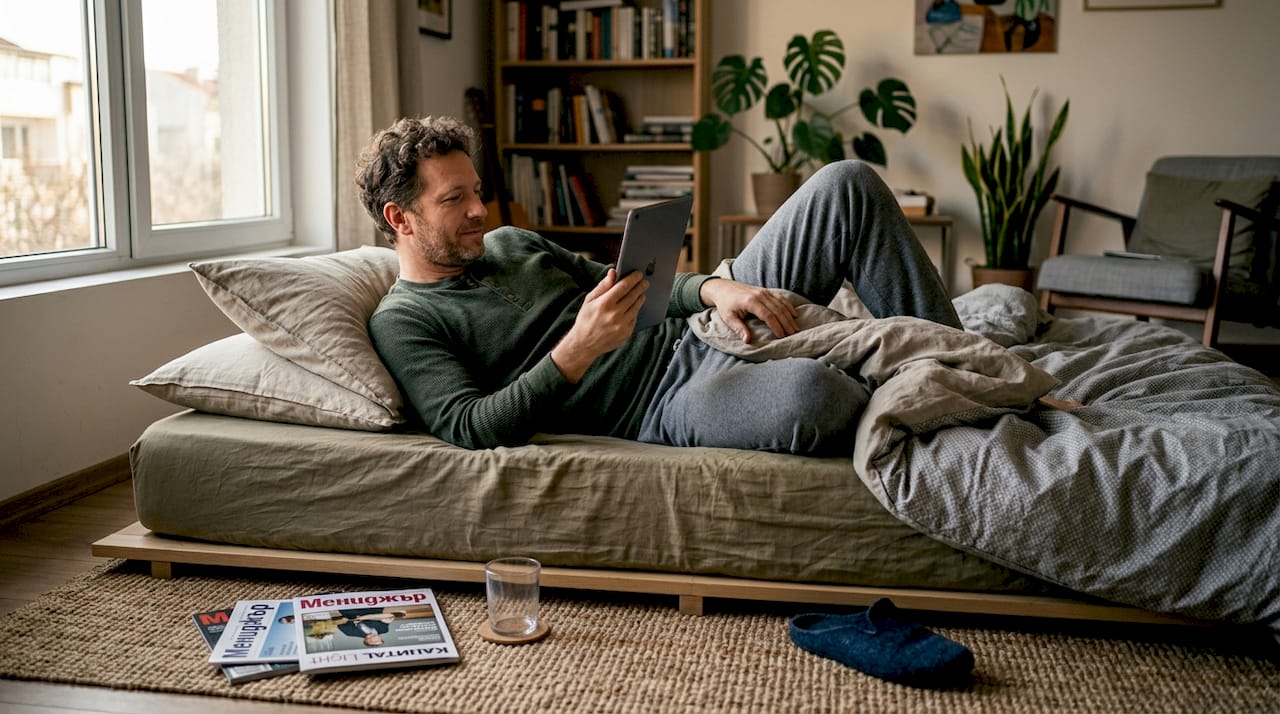 Мъж си почива на леглото и с удоволствие прелиства книга.