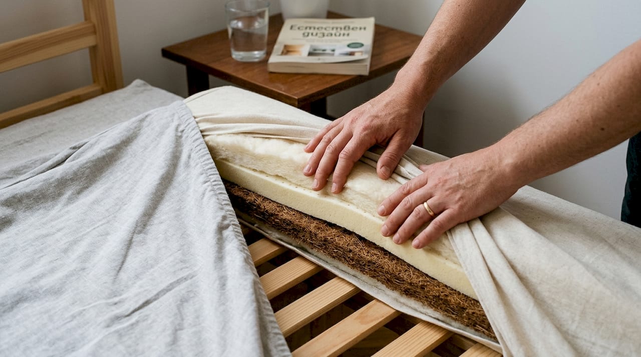 Ръце внимателно разгръщат пластовете от естествени материали на матрака.