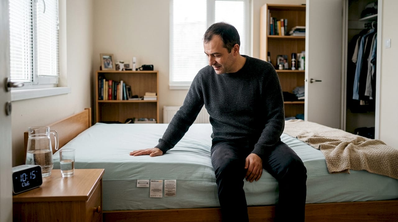 Мъж изпробва нов матрак за повече комфорт