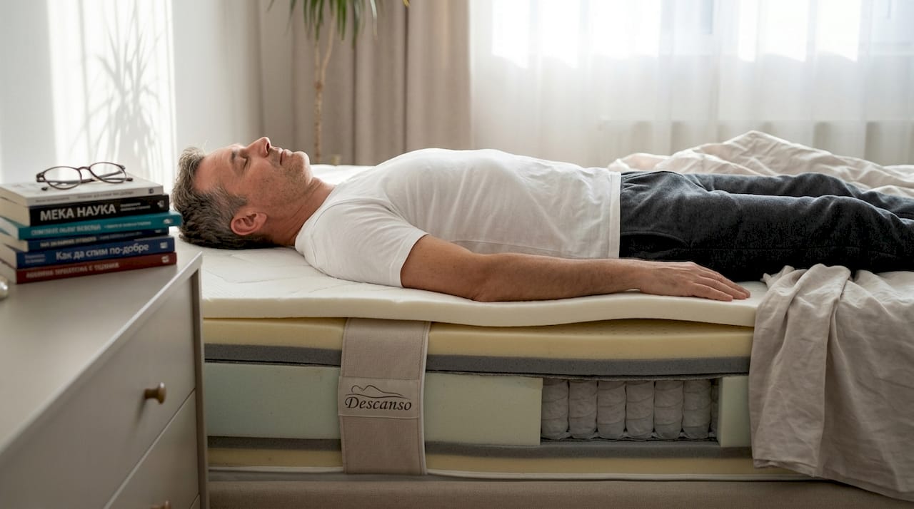 Мъж избира матрак, като тества дали му осигурява добра опора за гърба.