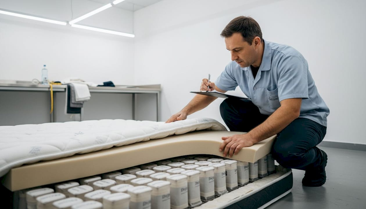 Техникът преглежда слоевете на матрака, които осигуряват стабилност и комфорт.