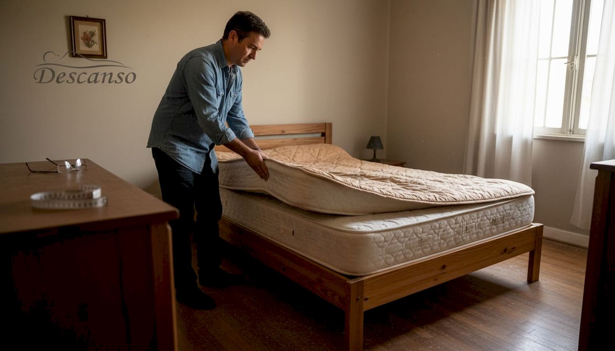 Мъжът преценява теглото и плътността на матрака, за да се увери в неговото качество.