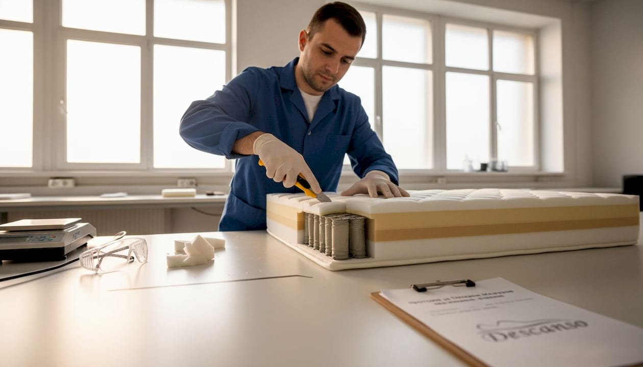 Техник извършва преглед на слоевете пяна в матракa, за да се увери в качеството и издръжливостта им.