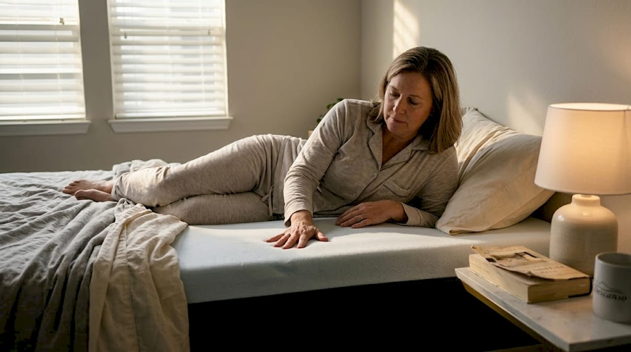 Жена изпробва нов матрак с охлаждаща пяна, за да провери колко е удобен и дали наистина държи хладно през нощта.