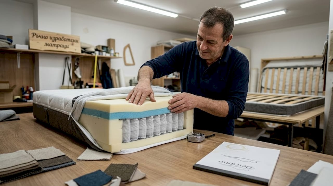 Техникът внимателно преглежда различните слоеве в напречното сечение на матрака, за да оцени качеството и структурата им.