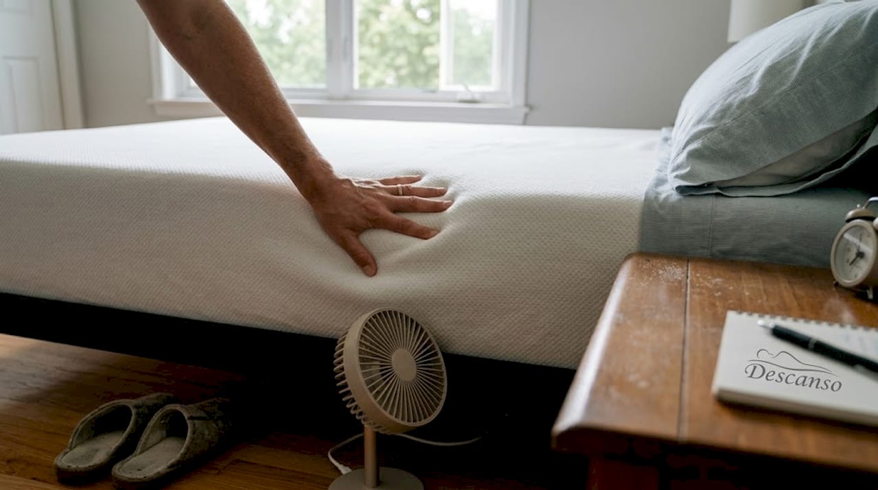Ръка натиска матрака, за да провери колко е мек и гъвкав.