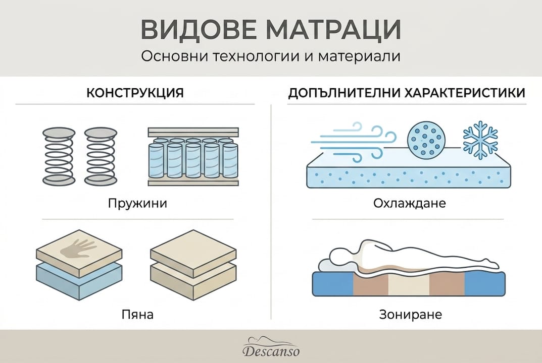 Инфографика: кои са основните видове матраци и какви технологии се използват при тях