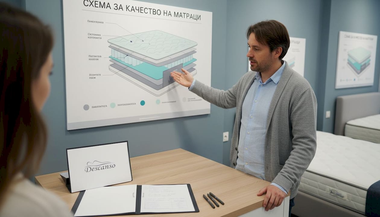 Консултант в магазин за матраци разяснява на клиентите какви са предимствата и особеностите на различните модели, за да им помогне да изберат най-подходящия матрак според нуждите си.