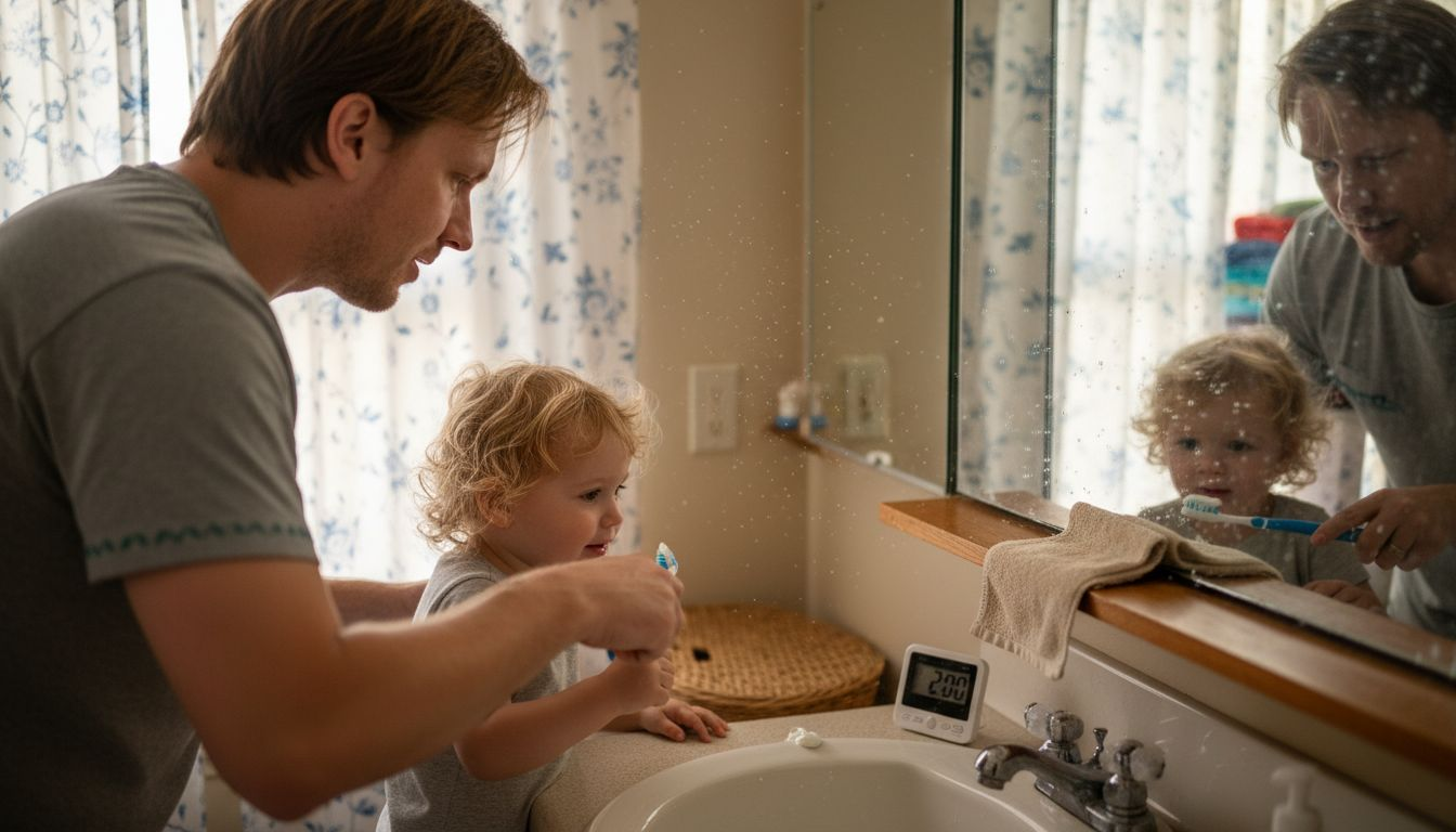 Parent and child practicing brushing in mirror