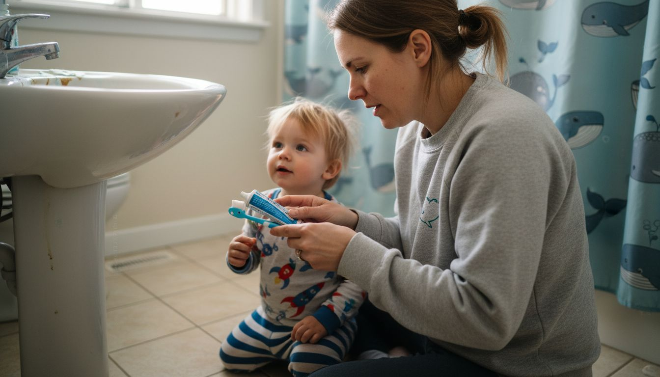 Mother applying toothpaste for child