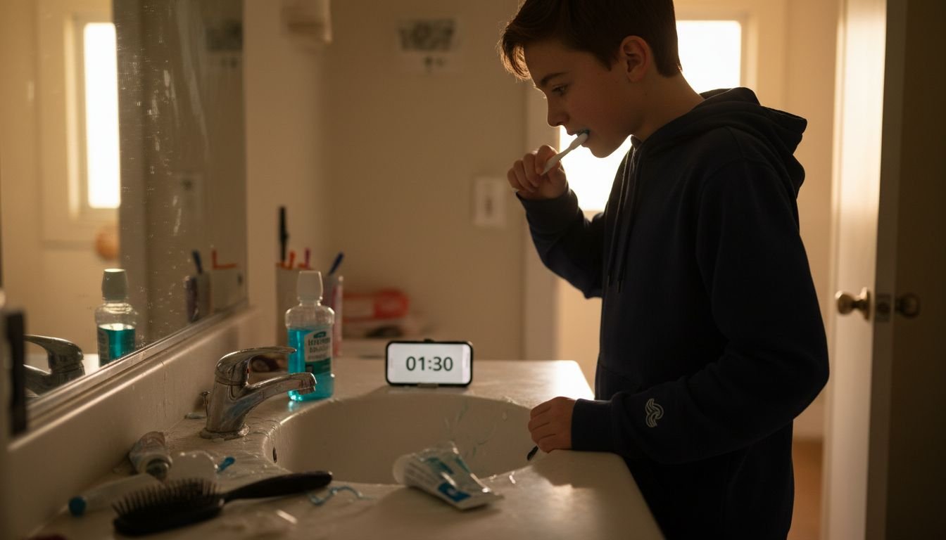 Teen boy brushing teeth watching timer