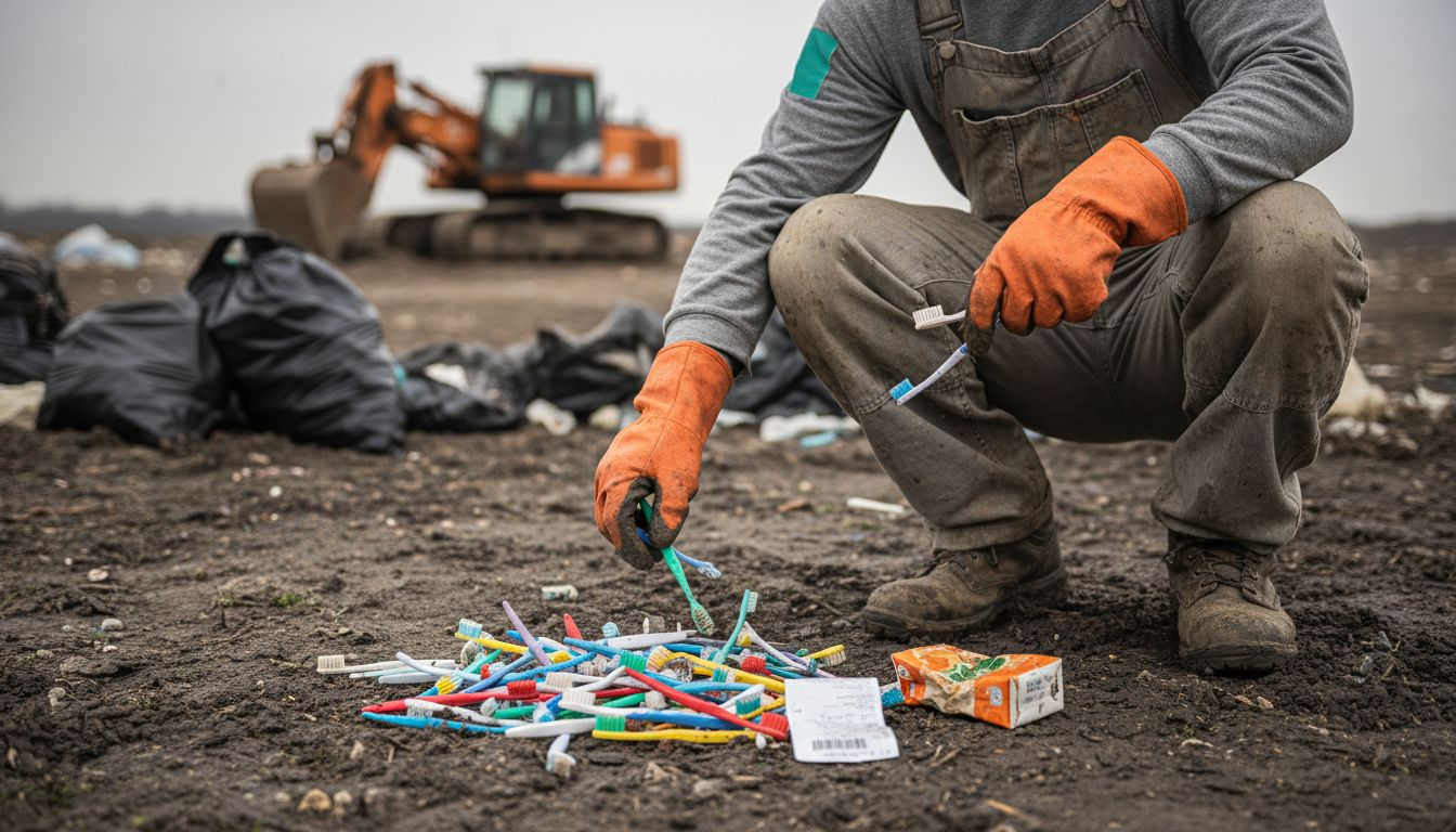 Landfill worker gathering used toothbrushes