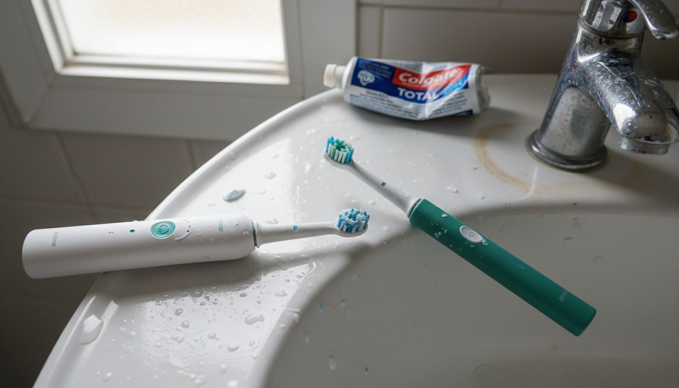Electric toothbrushes compared on bathroom sink